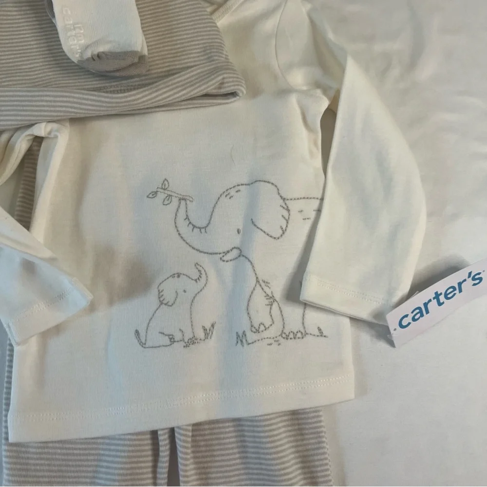Carter's‎ White and Gray Elephant Pajama Set with Hat and Socks